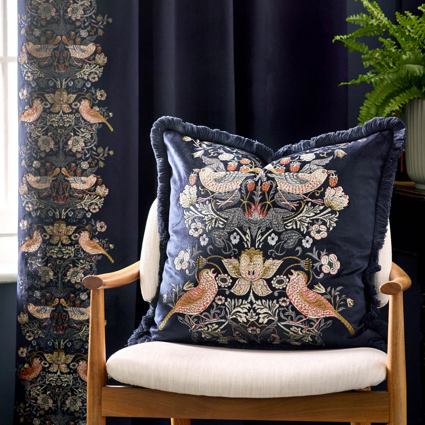 Morris & Co Strawberry Thief Embroidered Velvet Cushion - Indigo