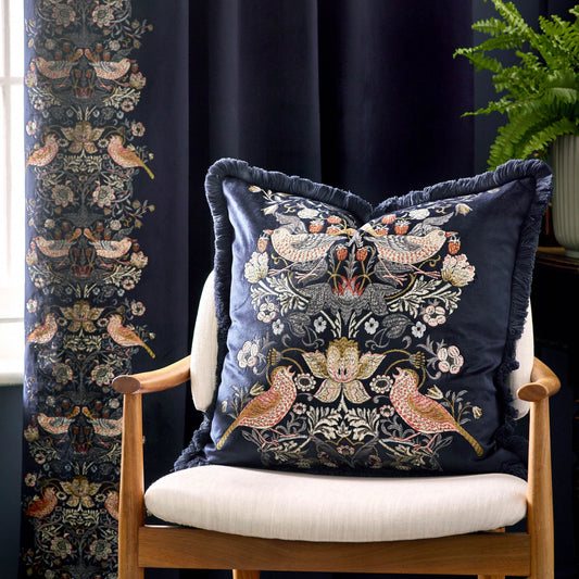Morris & Co Strawberry Thief Embroidered Velvet Cushion - Indigo