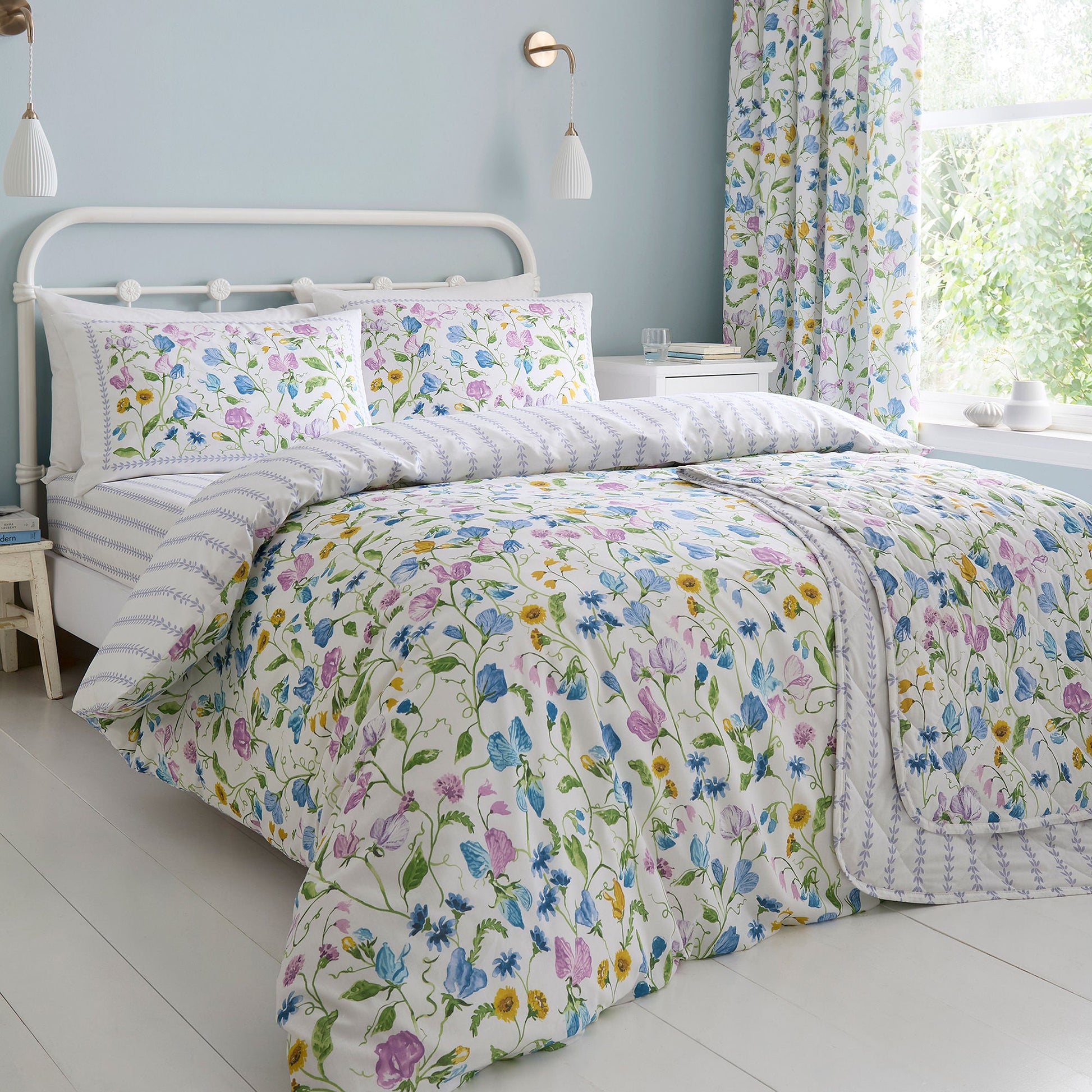 Sweetpea Floral Pair of Pencil Pleat Curtains in Lilac - Pair of Pencil Pleat Curtains - Dreams & Drapes