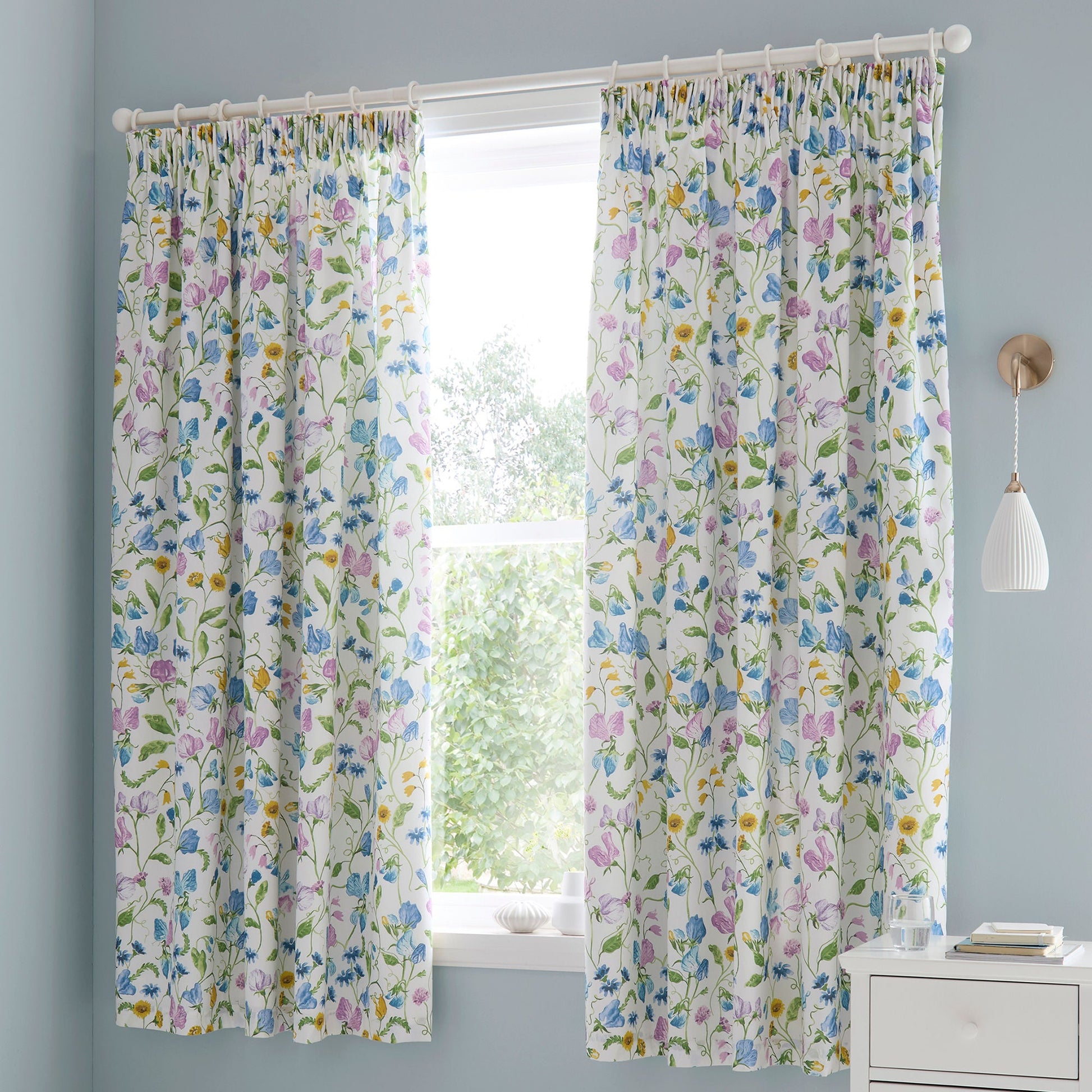 Sweetpea Floral Pair of Pencil Pleat Curtains in Lilac - Pair of Pencil Pleat Curtains - Dreams & Drapes