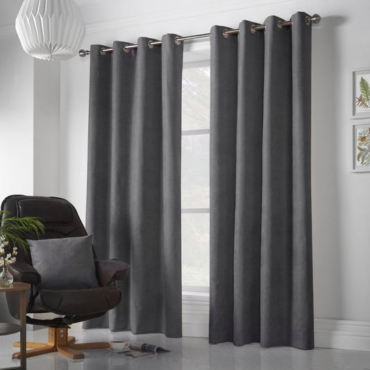 Alan Symonds Velvet Chenille Eyelet Curtains - Slate