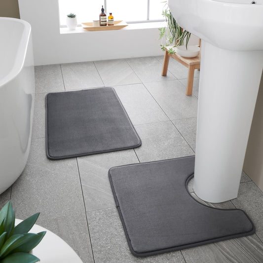 Catherine Lansfield Anti-Bacterial Memory Foam Bath Mat and Pedestal Set - Charcoal