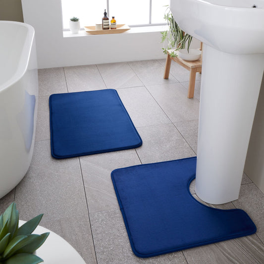 Catherine Lansfield Anti-Bacterial Memory Foam Bath Mat and Pedestal Set - Navy
