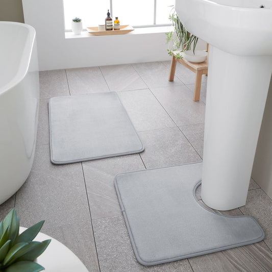Catherine Lansfield Anti-Bacterial Memory Foam Bath Mat and Pedestal Set - Silver