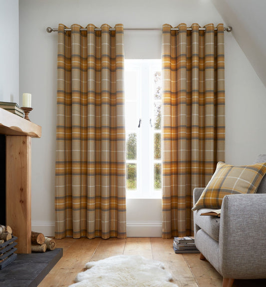 Catherine Lansfield Brushed Heritage Check Eyelet Curtains - Ochre