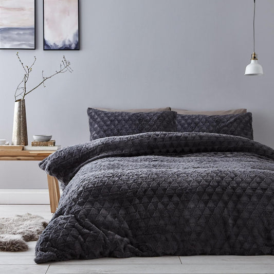 Catherine Lansfield Soft Touch Diamond Fur Duvet Cover Set - Grey
