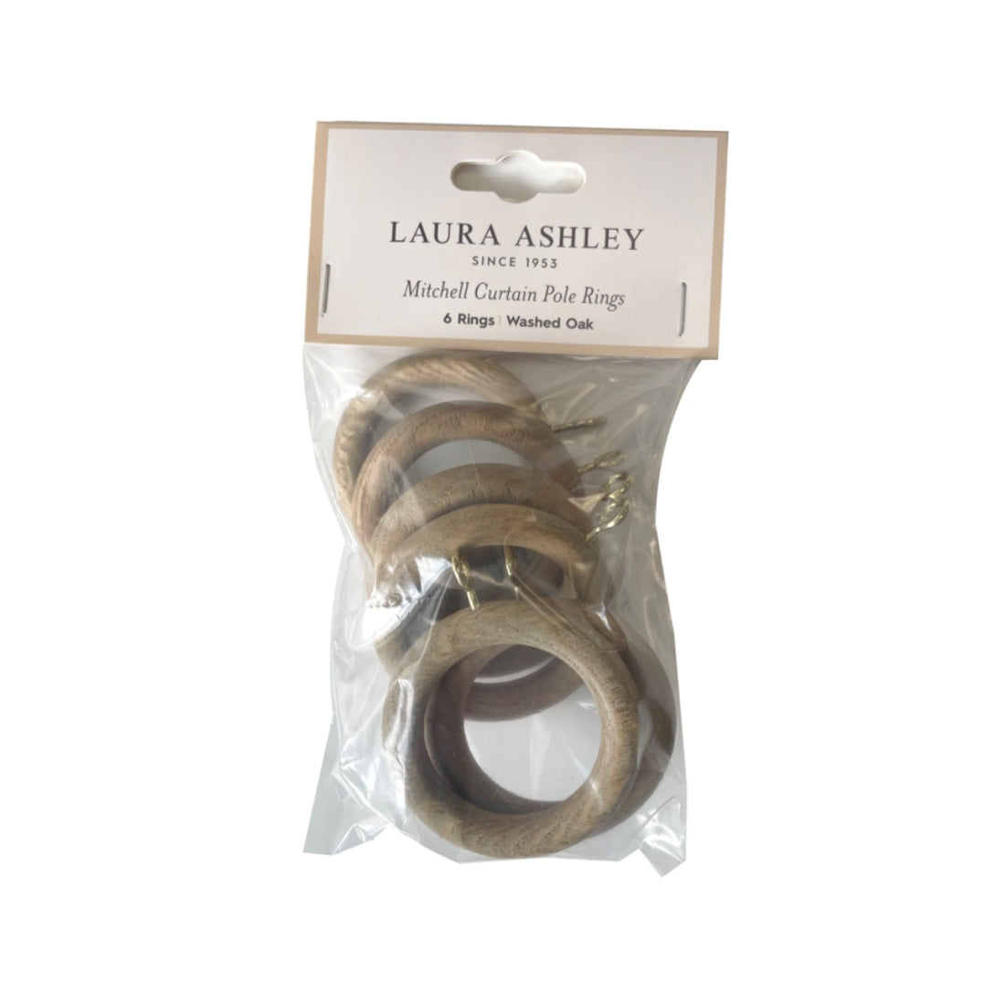 Laura Ashley Mitchell 28mm Wooden Curtain Rings (Pack of 6) - Washed Oak